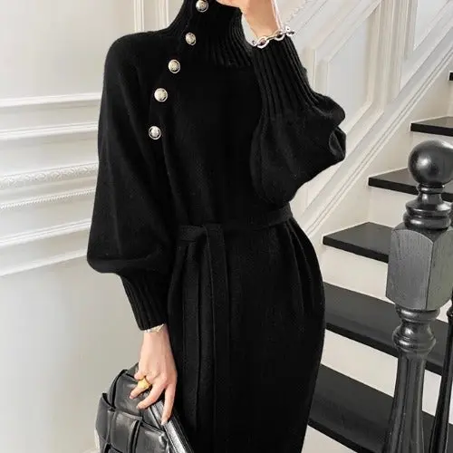 Damen Strickkleid mit Rollkragen und Gürtel | Feinstrickkleid mit Schulterknöpfen und taillierbarer Passform für Alltag und Anlässe