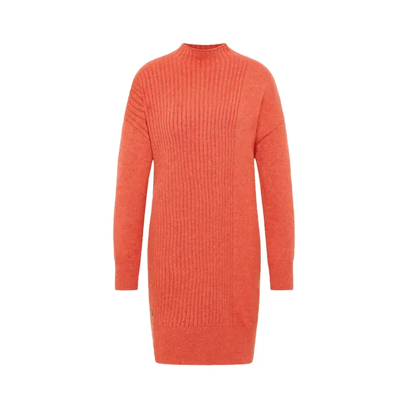 Damen Strickkleid Rot mit Stehkragen | Gerader Schnitt mit Rippstrickmuster, überschnittenen Schultern und breiten Bündchen
