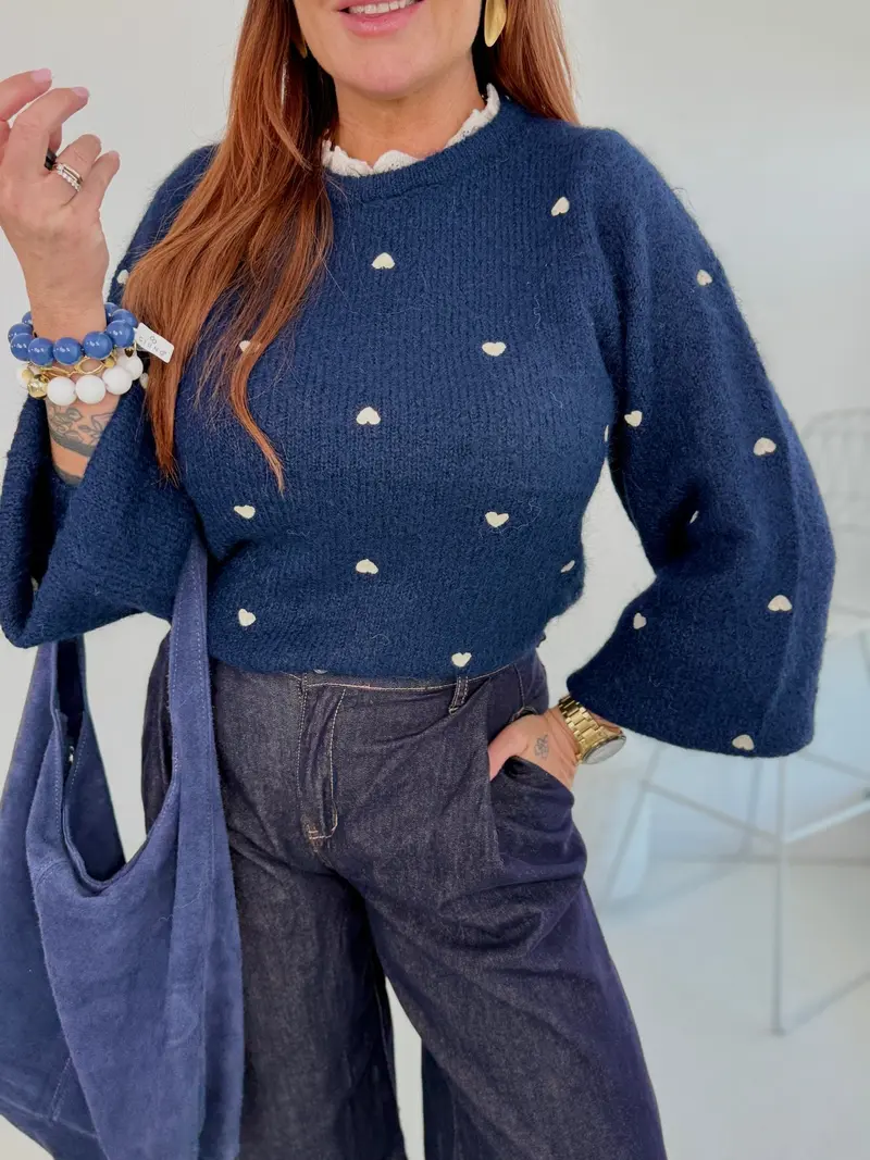 Damen Strickpullover Blau mit Herzdetails | Rundhalsausschnitt mit Spitzenkragen und Rippbündchen | Einheitsgröße 36–42