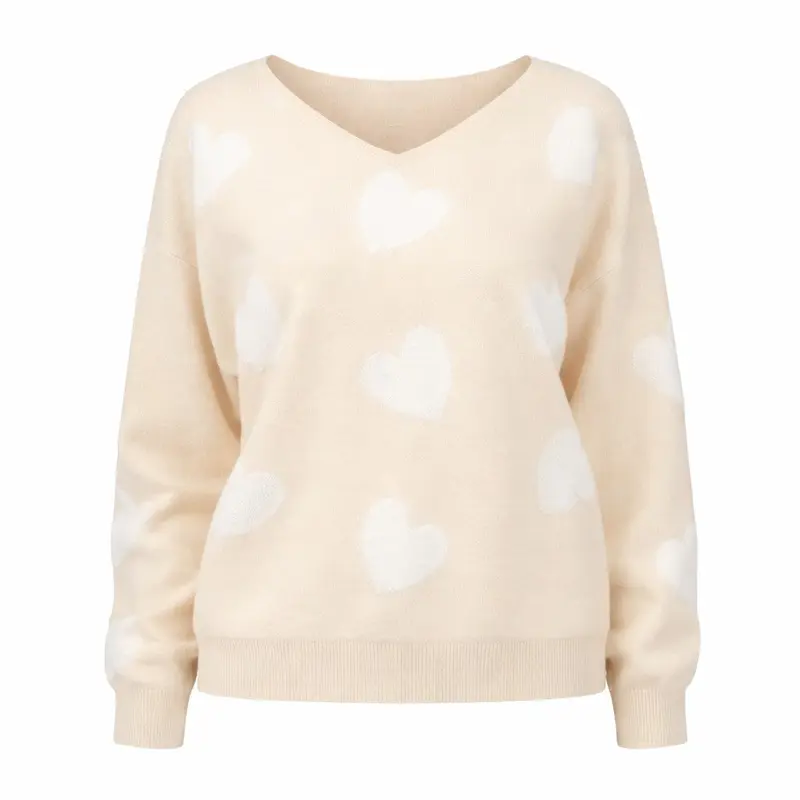 Damen Strickpullover mit Herzmuster | Weicher Pullover mit V-Ausschnitt, lockerer Passform und Rippbündchen für Alltag und Freizeit