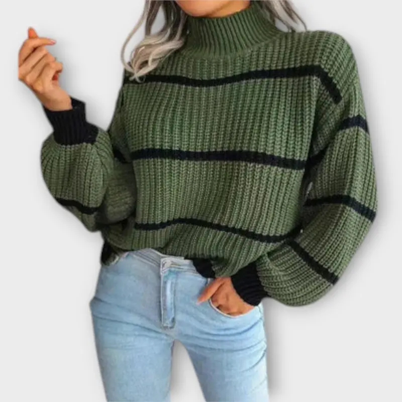 Damen Strickpullover mit hohem Kragen und Streifen | Lockere Passform für Alltag, Freizeit und vielseitige Layering-Looks
