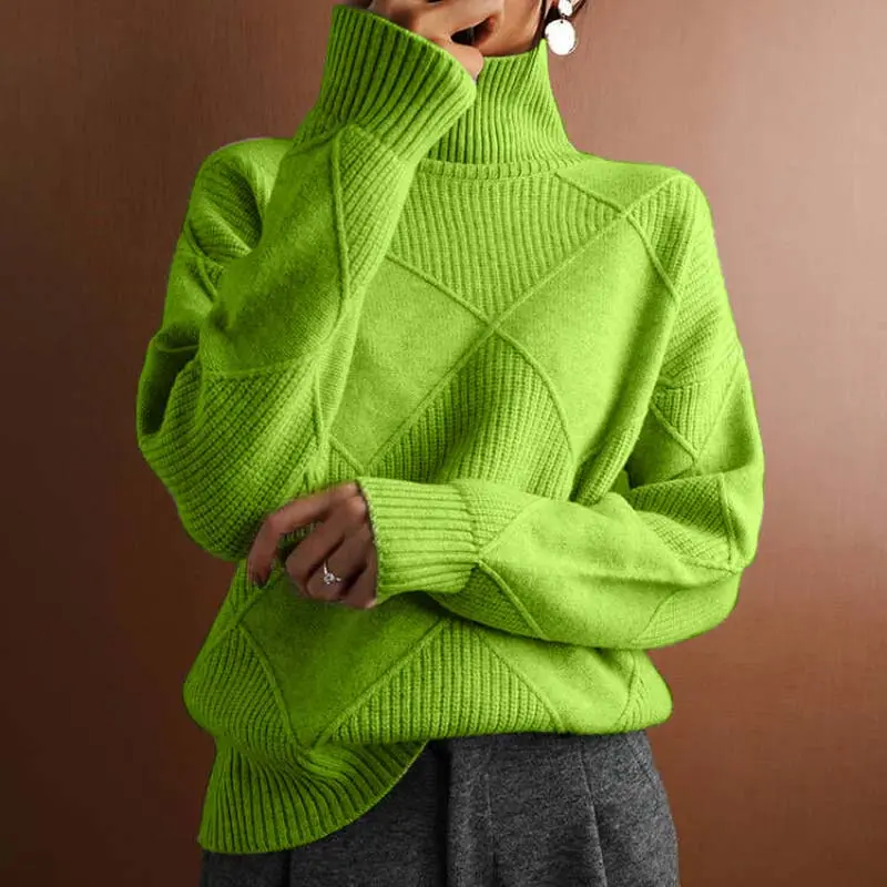 Damen Strickpullover mit hohem Kragen | Warmer Winterpullover mit strukturiertem geometrischem Muster für moderne Winterlooks