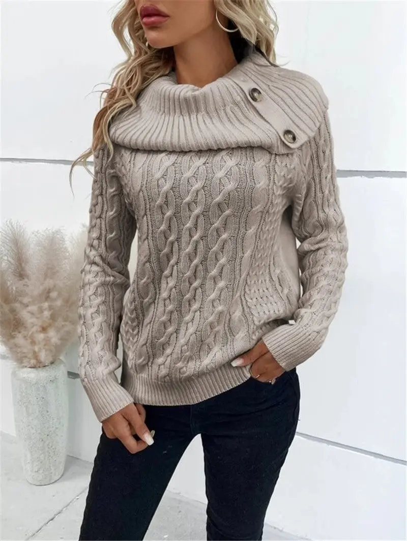 Damen Strickpullover mit Oversize-Kragen | Weicher Baumwollpullover mit Druckknöpfen und bequemer Passform für kühle Tage