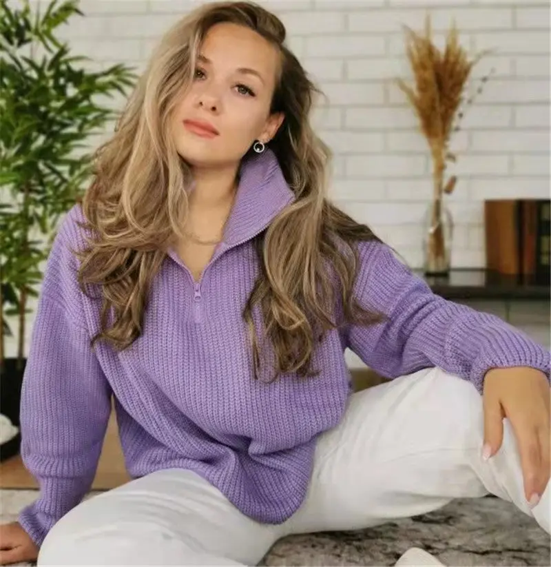 Damen Strickpullover mit Stehkragen | Warmer Wollpullover mit Reißverschluss und lockerer Passform für Alltag und Freizeit