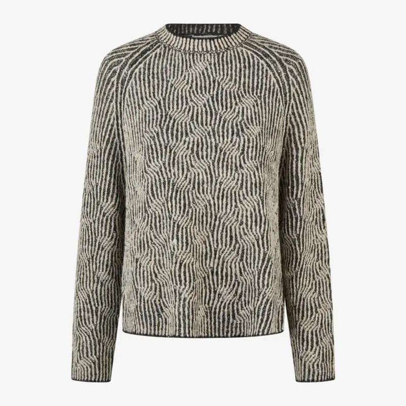 Damen Strickpullover Schwarz mit Strukturmuster | Zweifarbige Wellenoptik, Rundhalsausschnitt und locker gerader Schnitt