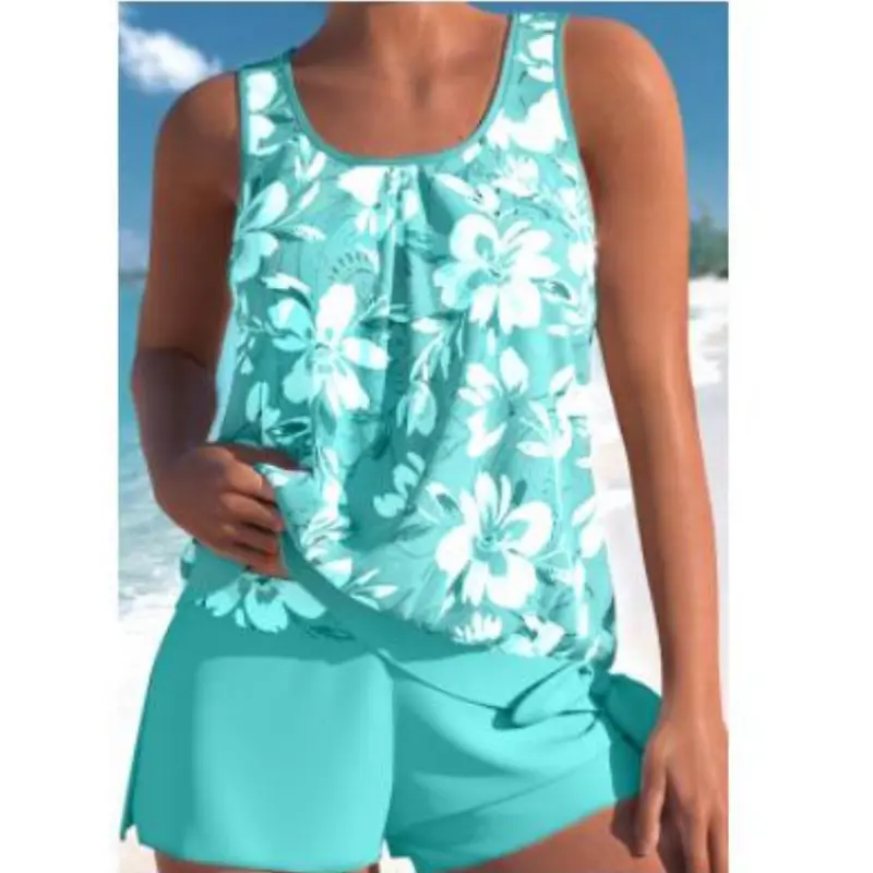 Damen Tankini-Set zweifarbig mit Blumendruck | Bügelloses Top & Shorts | Bequeme Bademode für Strand und Pool