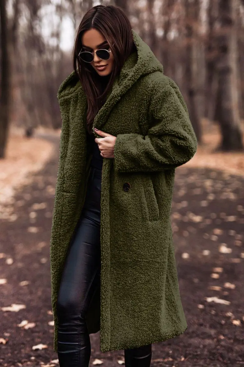 Damen Teddy Wintermantel mit Kapuze | Langer Mantel mit lockerer Passform für Alltag, Büro und kalte Wintertage