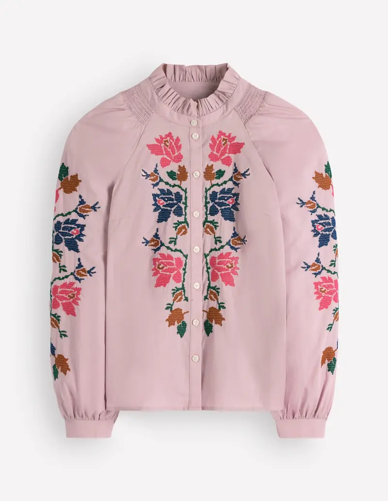 Damen Top | Baumwoll-Top mit Rüschen, Blumenstickerei und Blouson-Ärmeln