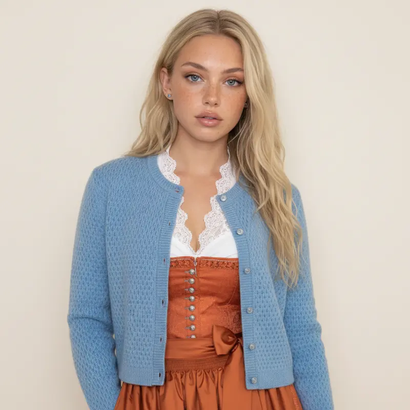 Damen Trachten Strickjacke | Melierte Strickjacke mit Trachtenknöpfen für Dirndl und Trachten-Looks