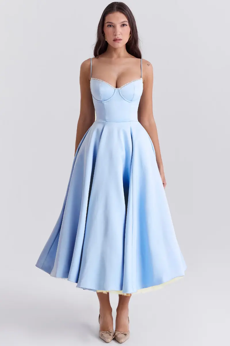Damen Tüllkleid Elegant & Feminin | Midikleid mit Verstellbaren Trägern | Romantisches Abendkleid für Hochzeiten & Partys