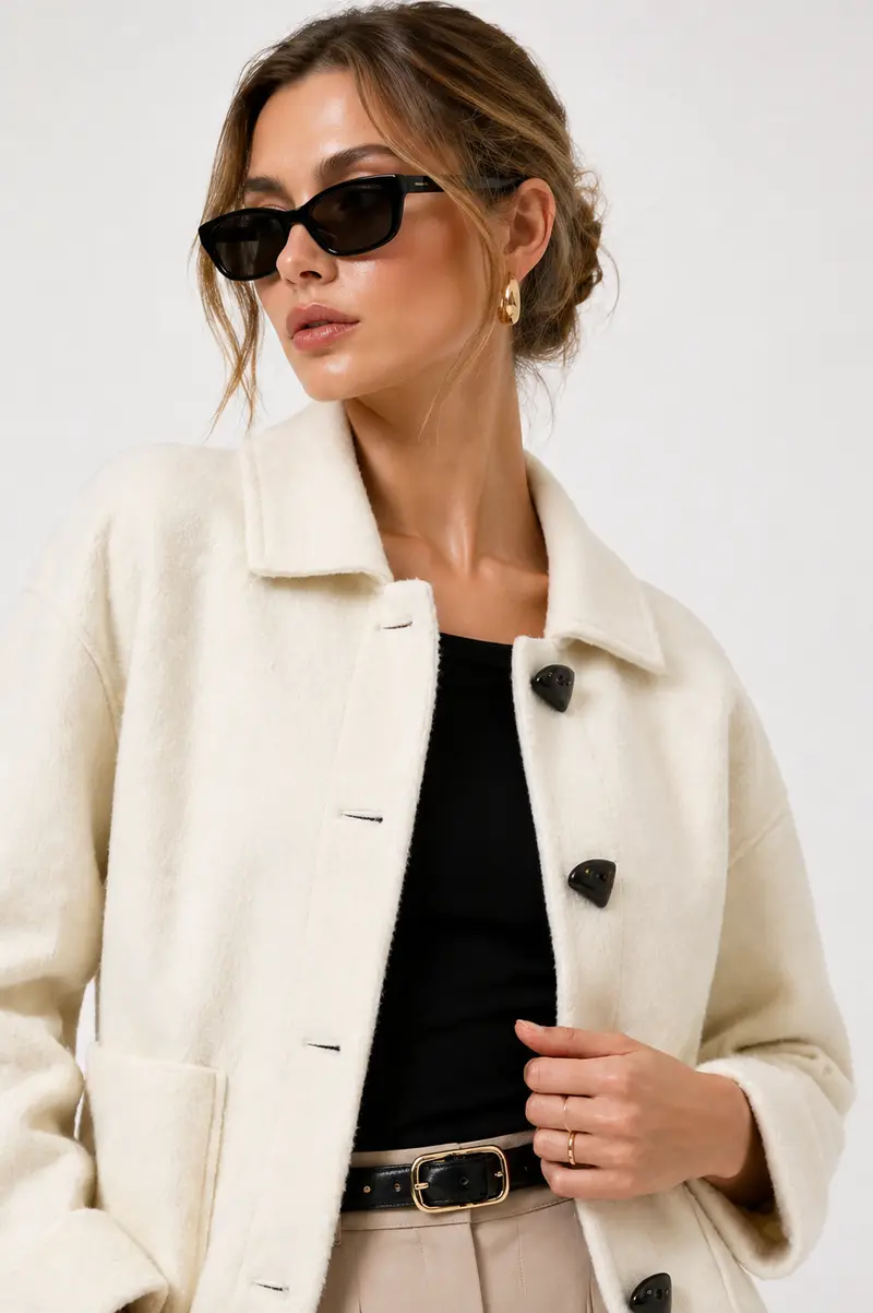 Damen Übergangsjacke mit Knöpfen | Elegante Jacke aus formstabilem Stoff mit aufgesetzten Taschen | Einheitsgröße