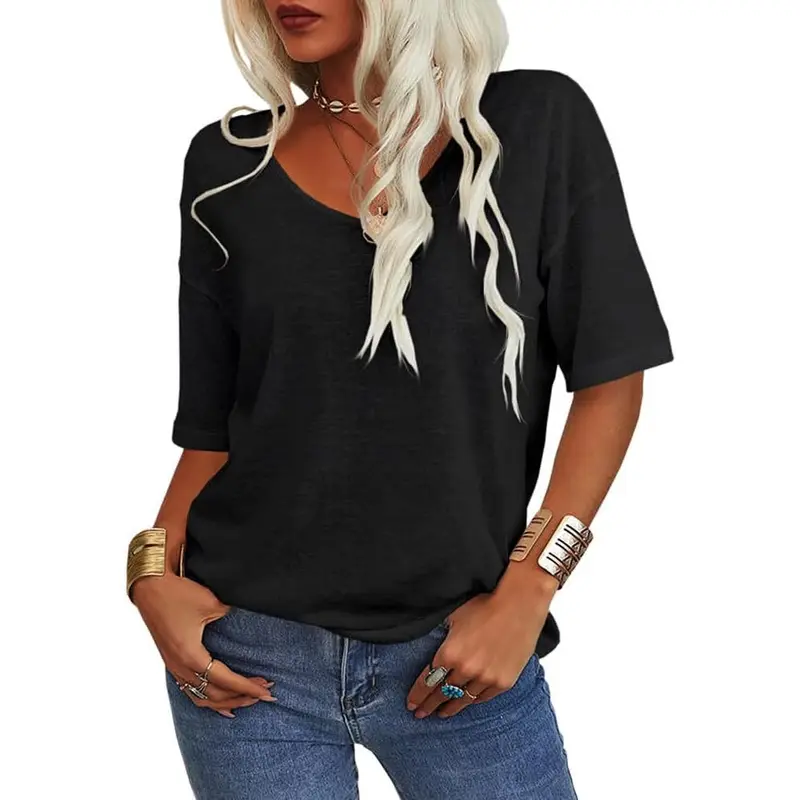 Damen V-Ausschnitt T-Shirt mit längeren Ärmeln | Lockerer Schnitt, blickdicht & luftig | Sommer Shirt S–5XL