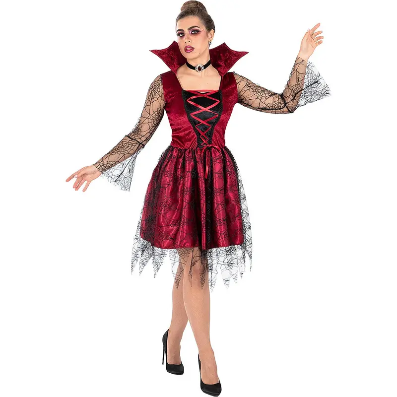 Damen Vampir Kostüm Bordeaux Schwarz | Gothic Halloween Kleid mit Stehkragen, Schnürung und Spinnennetz-Details