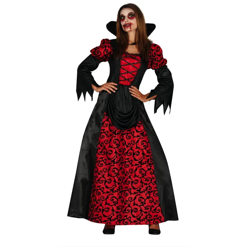 Damen Vampir Kostüm Rot Schwarz | Bodenlanges Halloween Kleid mit Stehkragen, Barock-Optik und ausgestellten Ärmeln
