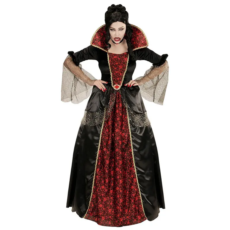 Damen Vampir Kostüm Rot Schwarz | Vampirfürstin Kleid mit Unterkleid und Krone für Halloween, Maskenball und Mottoparty