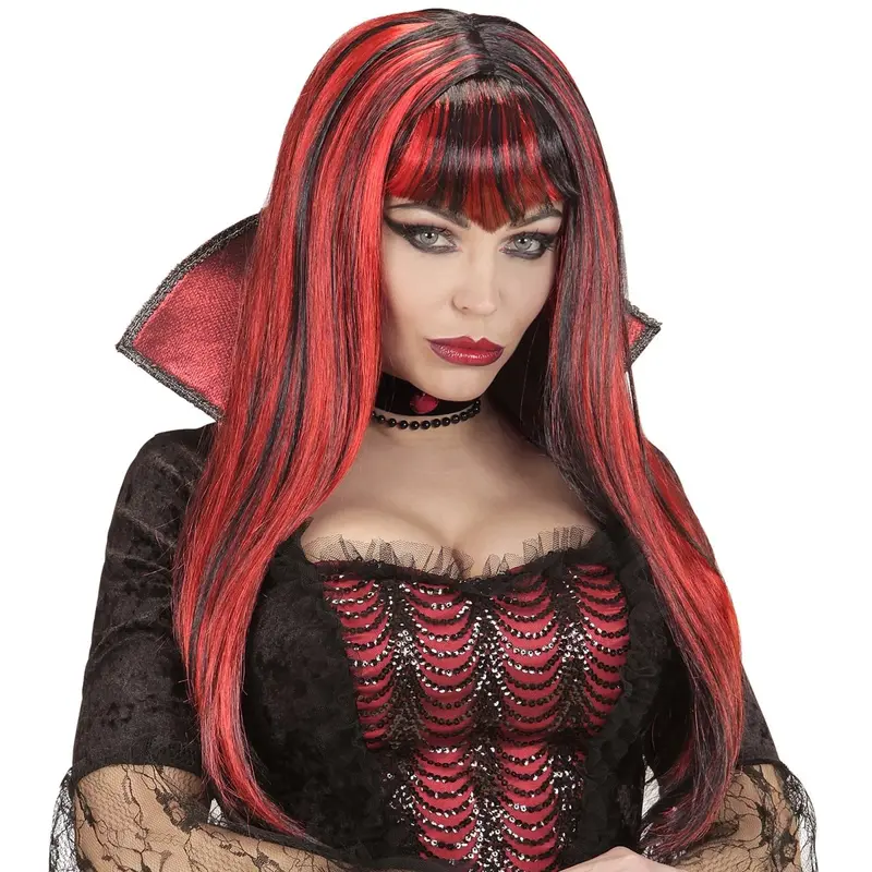 Damen Vampir Perücke Rot Schwarz | Halloween Perücke für Vampir Kostüm, Horrorparty, Karneval und gruselige Mottopartys