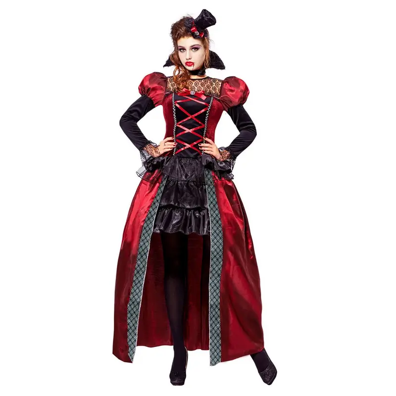 Damen Viktorianisches Vampir Kostüm Bordeaux Schwarz | Gothic Halloween Kleid mit Stehkragen, Schnürung und Minihut