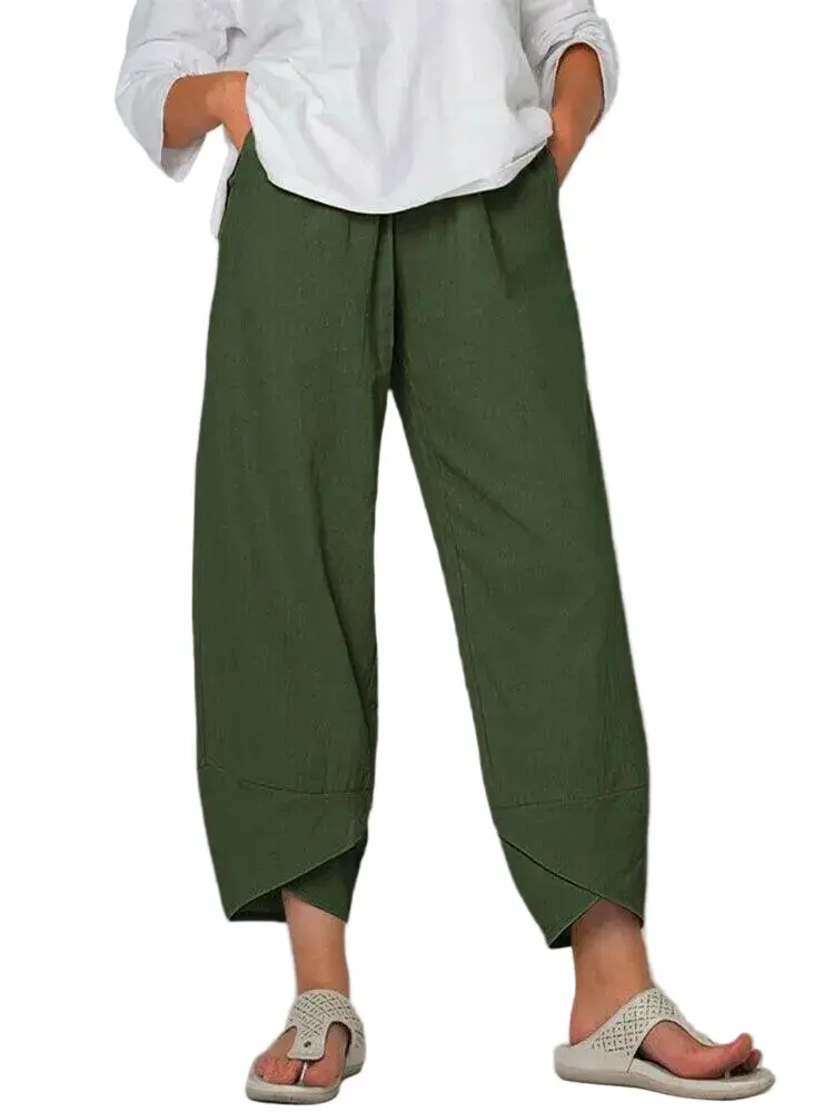 Damen Vintage Hose mit asymmetrischem Gummibund | Hohe Taille & Seitentaschen | Lockerer Schnitt, Baumwoll-Polyester, Sommer