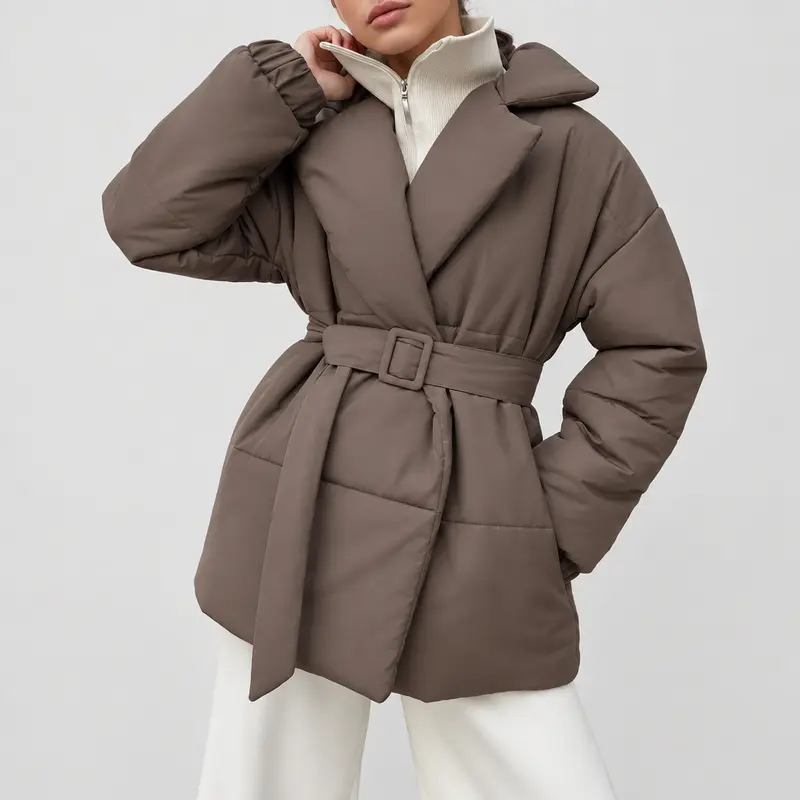 Damen wattierte Winterjacke mit Gürtel | Warm gefütterte Jacke mit langen Ärmeln, großem Kragen und verstellbarer Taille