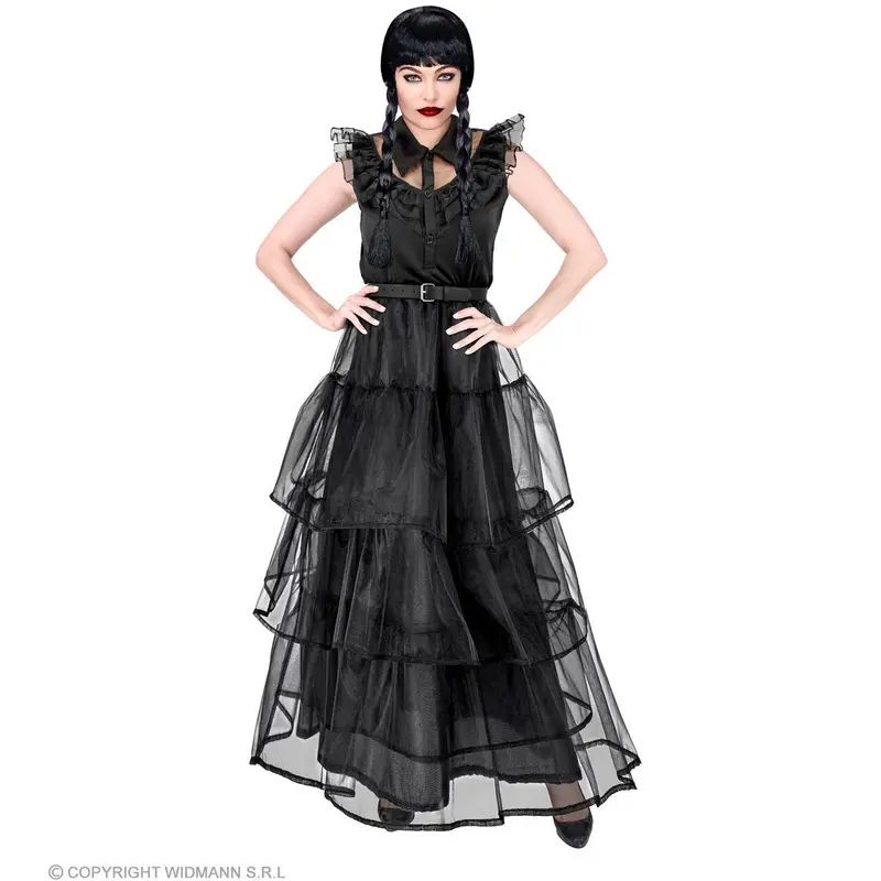 Damen Wednesday Kostüm Schwarz | Gothic Halloween Kleid mit Rüschen und Gürtel für Addams Family Look und Mottoparty
