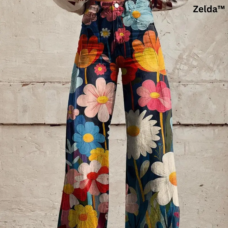 Damen Wide-Leg Hose mit Blumenmuster & High Waist | Dehnbar & bequem für jeden Tag | Eleganter Look, maximale Bewegungsfreiheit