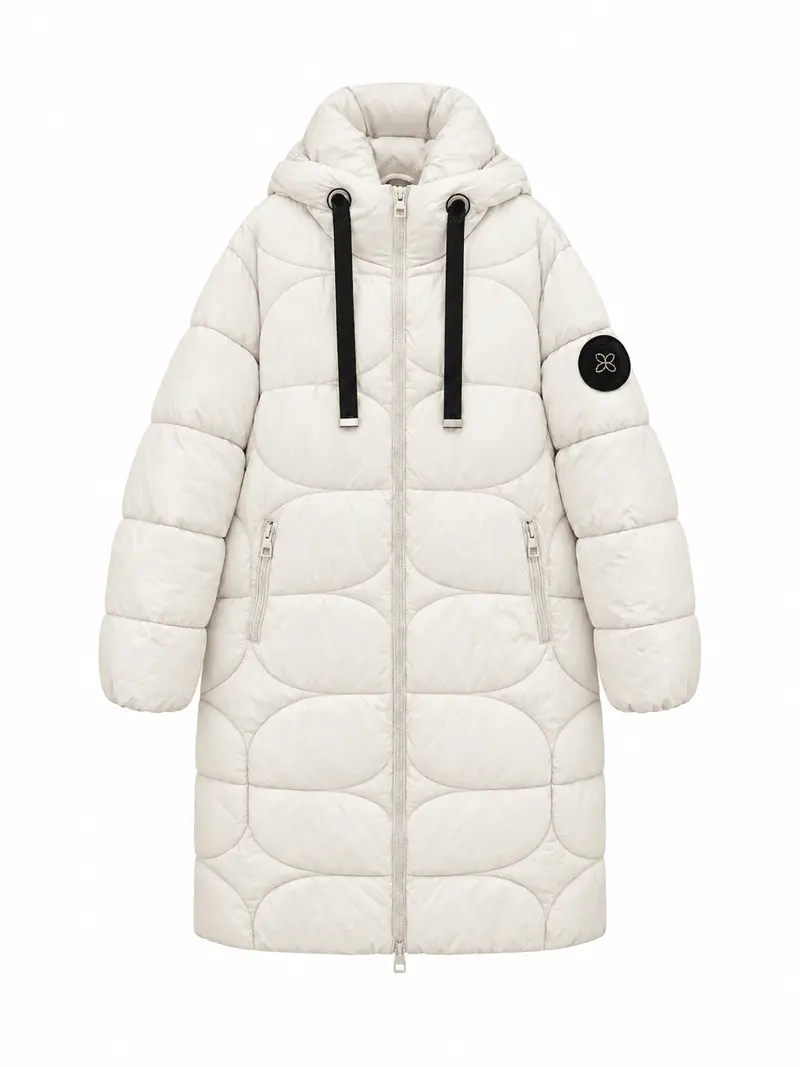 Damen Winter Steppmantel Creme mit Kapuze | Warm wattierter langer Mantel mit 2-Wege-Reißverschluss und Taschen | S–XXL