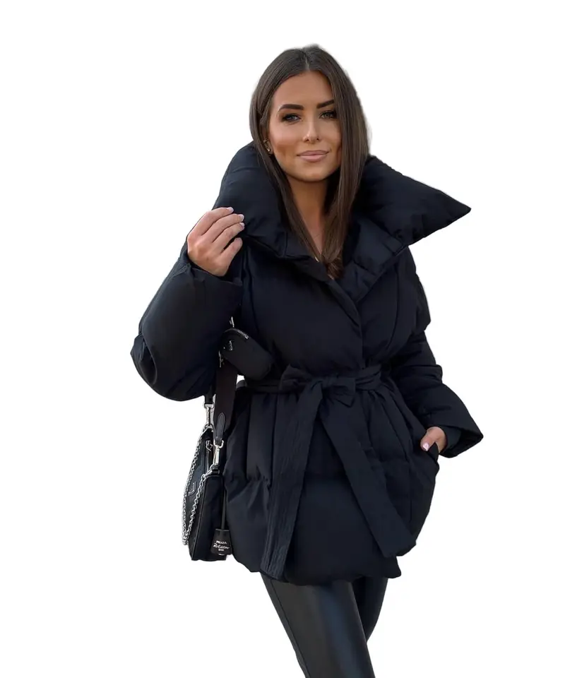 Damen Winterjacke | Kurze Steppjacke mit Gürtel & warmem Futter