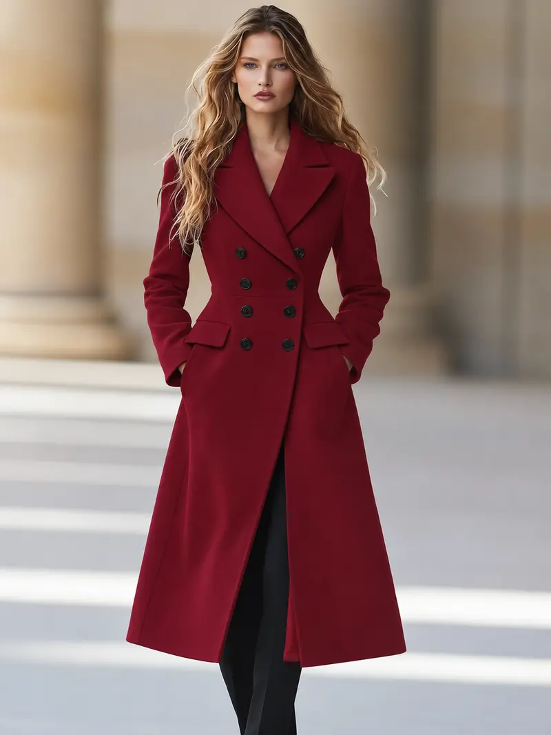 Damen Wintermantel zweireihig mit Reverskragen | Langer figurbetonter Mantel für elegante Alltagslooks und besondere Anlässe