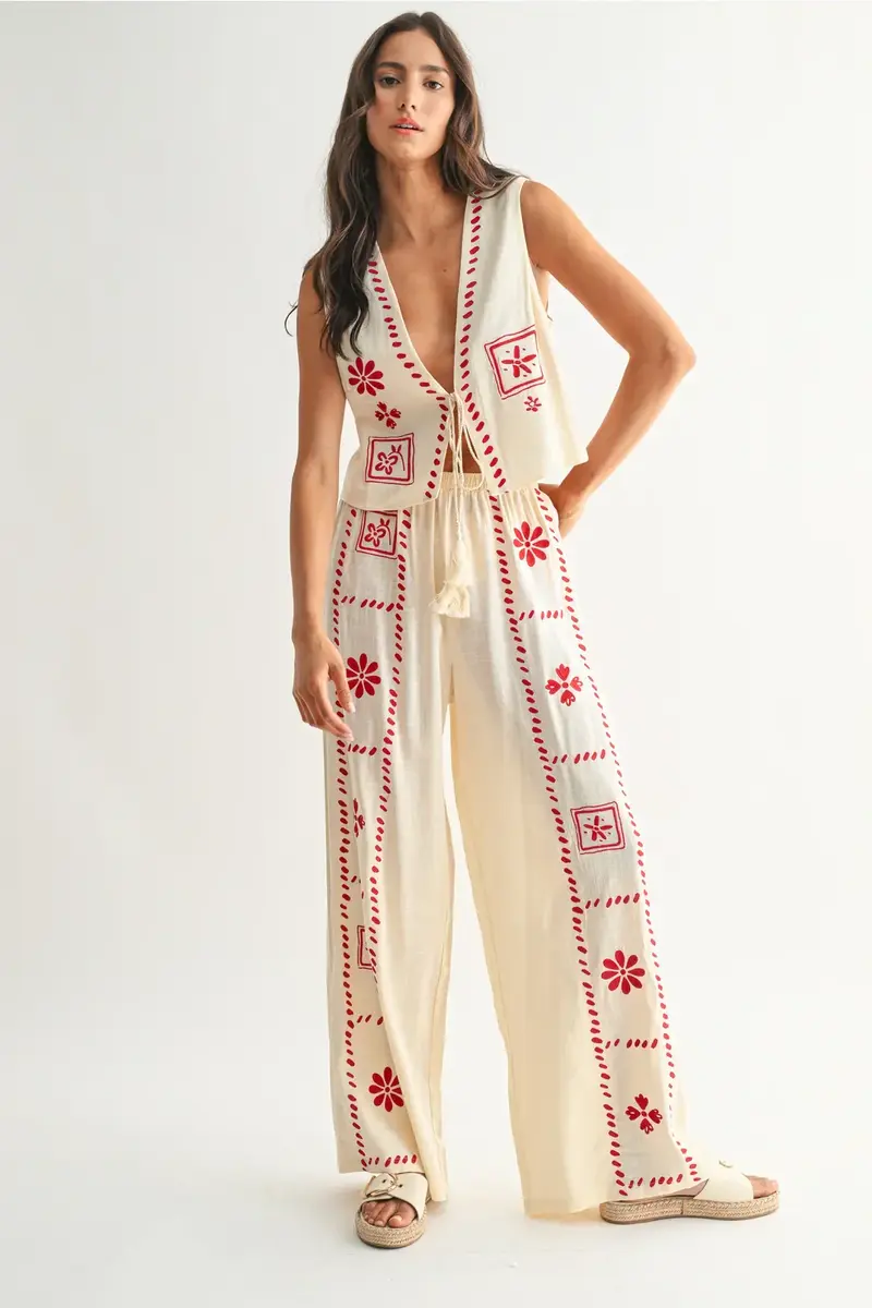 Damen Zweiteiler Leinen-Set mit Stickerei | Ärmellose Weste & Weite Hose | Luftiges Sommer-Set | Boho Stil