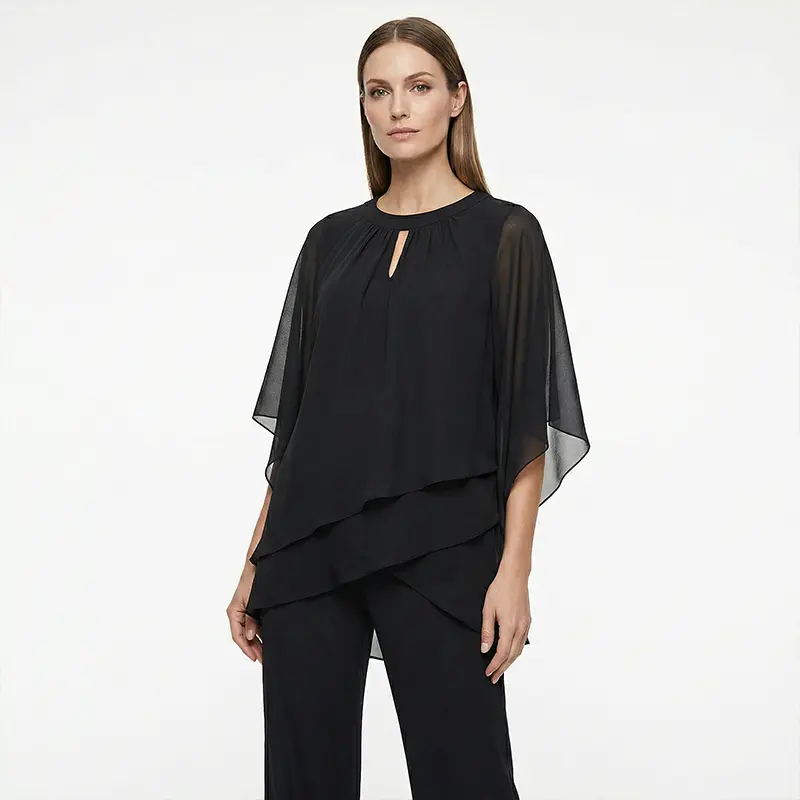 Damen Zweiteiler mit asymmetrischer Bluse | Mehrlagiges Oberteil und weite Hose mit lockerem, fließendem Schnitt