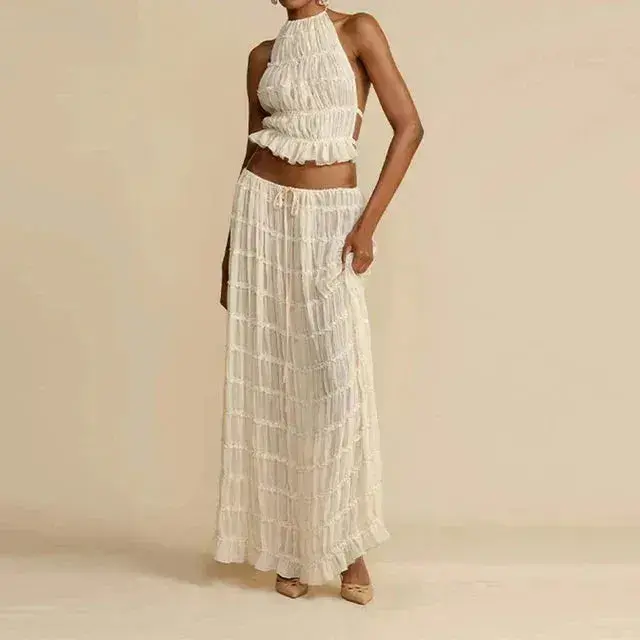 Damen Zweiteiler mit Neckholder Top & Maxirock | Boho Sommer Set mit elastischem Bund | Luftiger Freizeit-Look