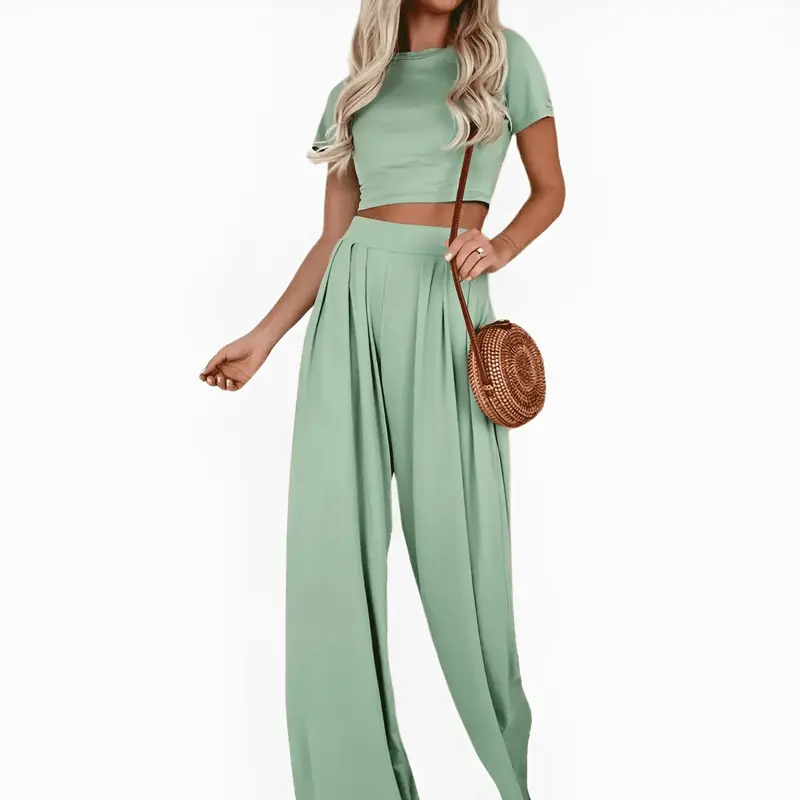 Damen Zweiteiler Set mit High-Waist weiter Hose | Luftiges Sommer-Top, atmungsaktiv & leicht | Elegant für Urlaub, Brunch & Abend