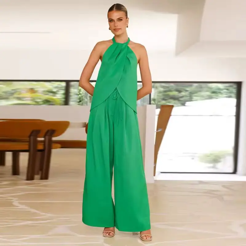 Damen Zweiteiler Set mit Neckholder-Top & weiter Hose | Luftig & elegant | Bequem für Alltag & Event