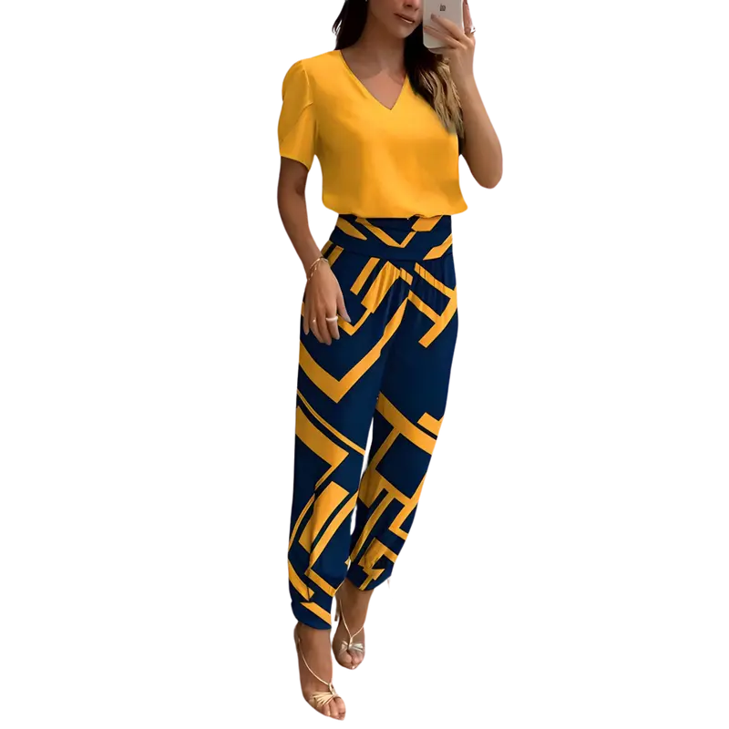 Damen Zweiteiler Set mit weiter Hose & elastischem Bund | Lockeres Oberteil, leichter Polyester-Mix | Elegant für Alltag & Anlass