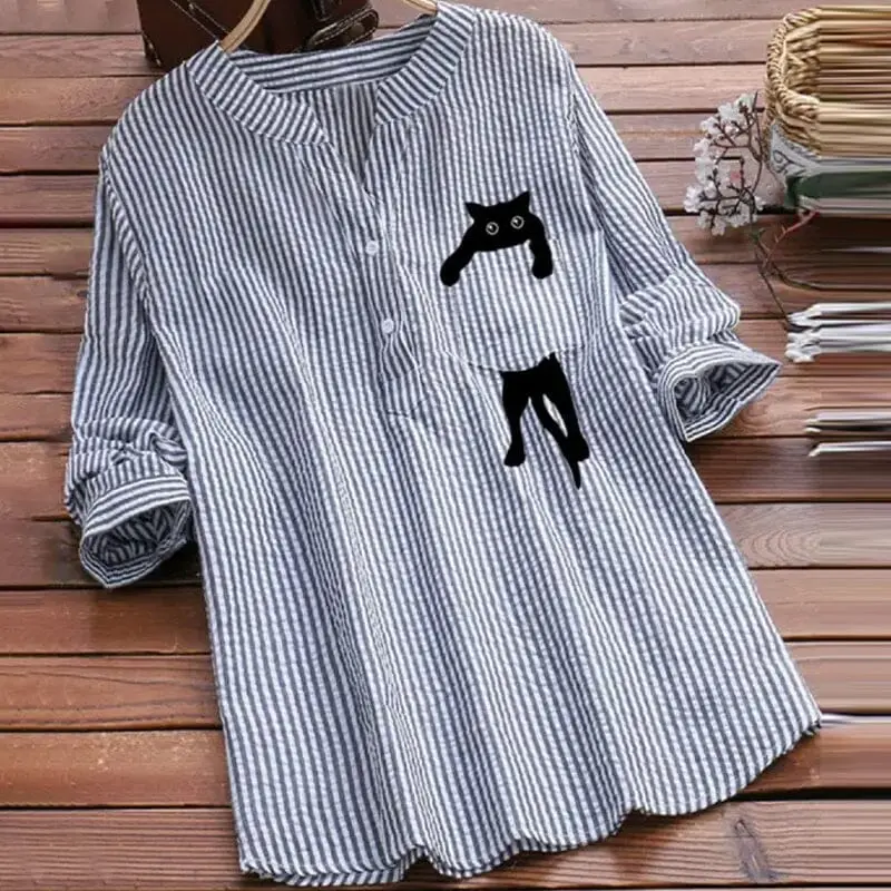 Damenbluse | Baumwollbluse mit V-Ausschnitt und Katzenprint