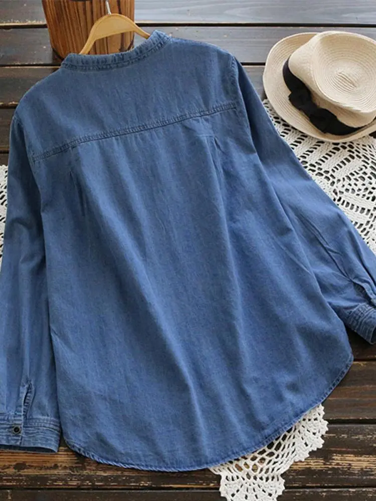 Denim-Bluse für Damen | Verstellbare Ärmel & lässiger Chic | Vielseitiges Oberteil für Alltag & Freizeit