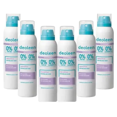 Deoleen 0% Aluminium - Deodorant Sensitive - 24 uur effectieve bescherming - 0% parfum & 0% alcohol - Dermatologisch getest - Anti-witte strepen -voordeelverpakking 6 x 150 ml