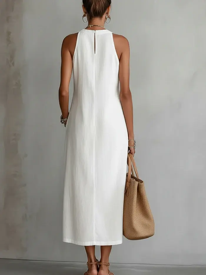 DEVINDI Leinen Midi-Kleid mit Stehkragen & Seitenschlitz | Ärmellos, atmungsaktiv & leicht | Minimalistisch für Alltag & Reise