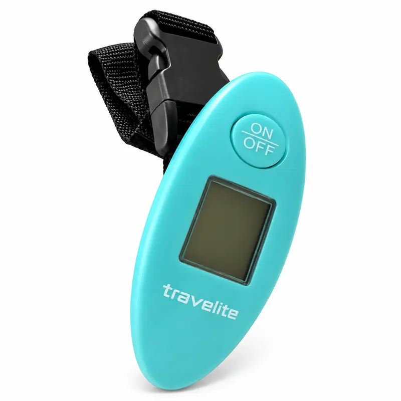 Digitale Kofferwaage bis 40 kg in Türkis | Gepäckwaage mit 100-g-Teilung, kg/lbs-Anzeige, Nylonriemen und 3-V-Batterie