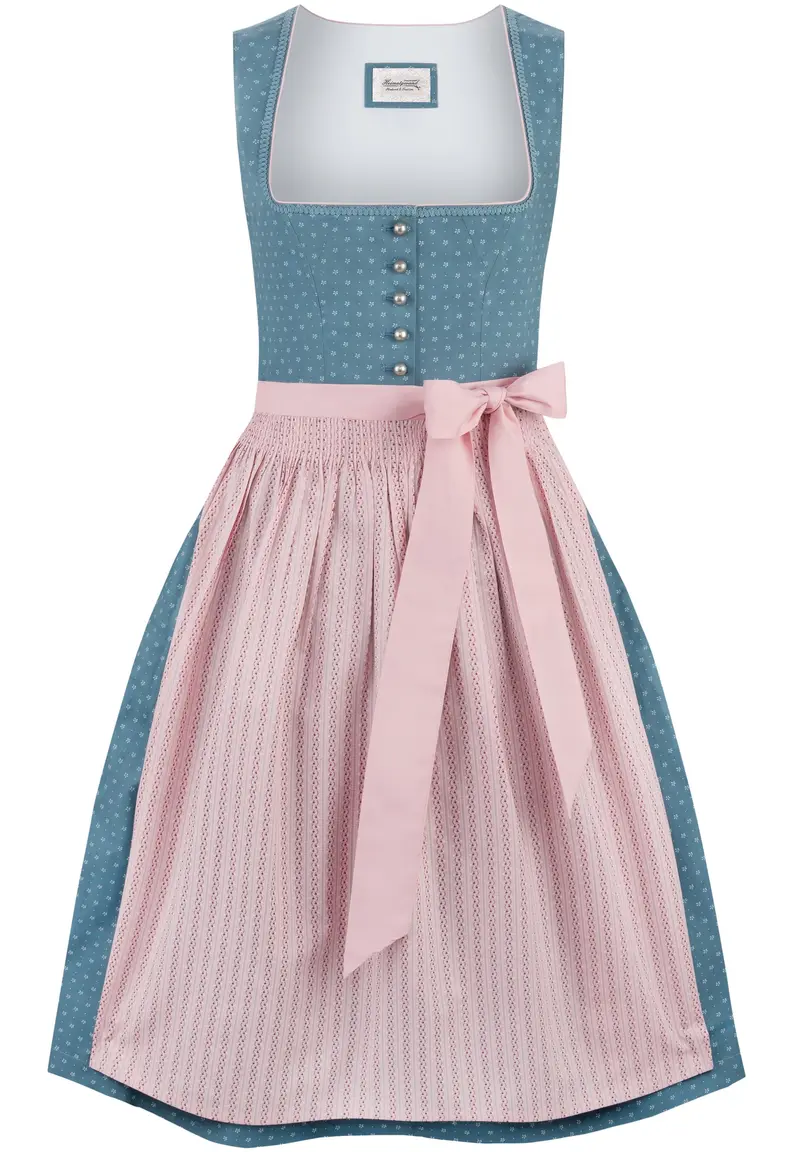 Dirndl lang Damen | Rauchblaues Trachtenkleid mit geradem Ausschnitt, Zierknöpfen und 70 cm Rocklänge