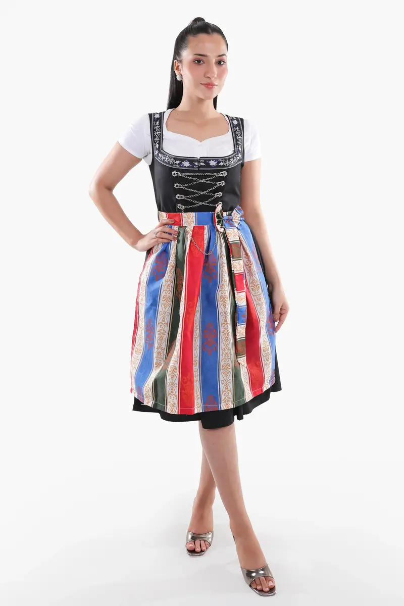 Dirndl lang Damen Schwarz | Maxi Trachtenkleid mit strukturiertem Mieder und Kontrastschürze für Oktoberfest