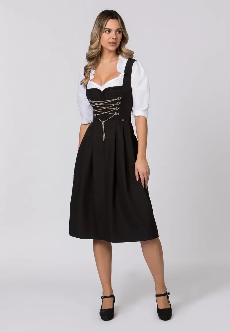 Dirndl lang Damen | Schwarzes Trachtenkleid mit Miederhaken, Reliefdetails und 70 cm Rocklänge