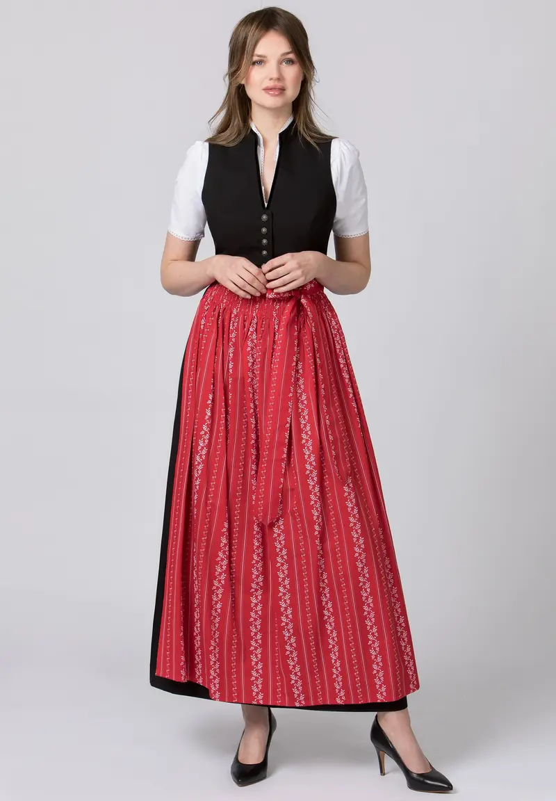 Dirndl lang Damen | Schwarzes Trachtenkleid mit V-Ausschnitt, Zierknöpfen und langem Faltenrock