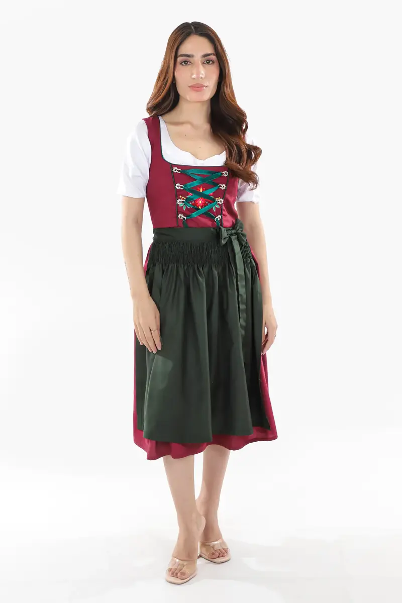 Dirndl Midi Damen Beerenrot | Trachtenkleid mit strukturiertem Mieder und Kontrastschürze für Oktoberfest