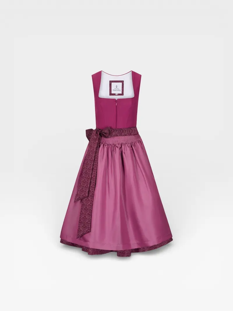 Dirndl Midi Damen | Elegantes Dirndl mit 70 cm Rocklänge, klarem Mieder und schimmernder Schürze für Festanlässe