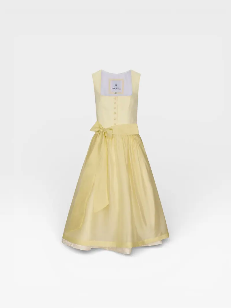 Dirndl Midi Damen | Elegantes Dirndl mit 70 cm Rocklänge, Knopfleiste und glänzender Schürze