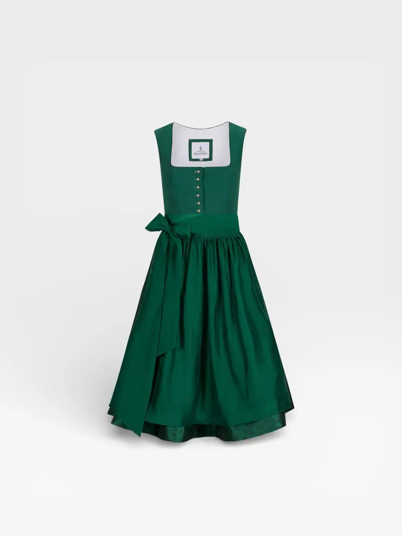 Dirndl Midi Damen | Elegantes Leinen-Dirndl mit 70 cm Rocklänge, Knöpfen und schimmernder Schürze