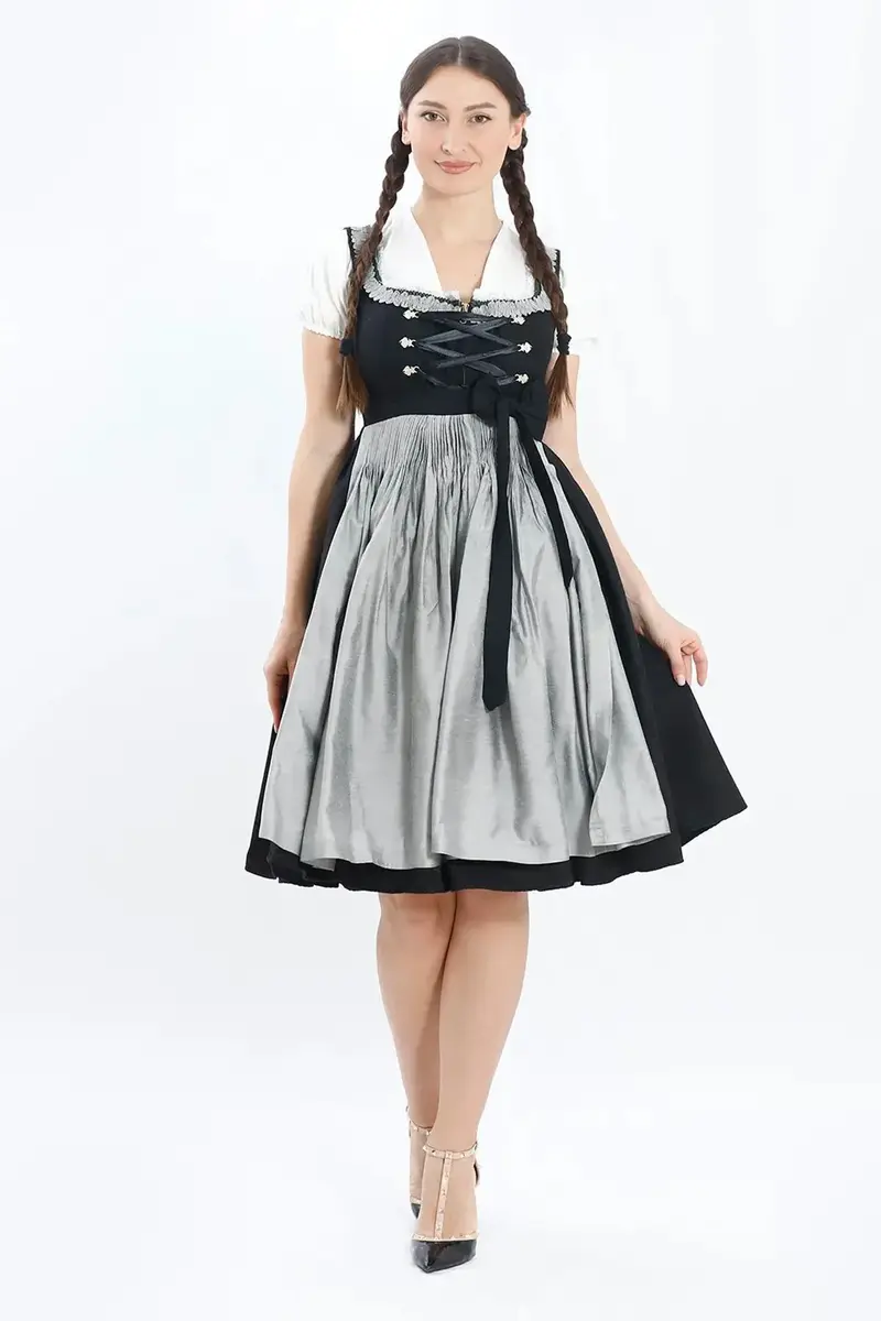Dirndl Midi Damen | Elegantes Trachtenkleid mit Schürze, Zierdetails und figurbetonter Passform für Oktoberfest