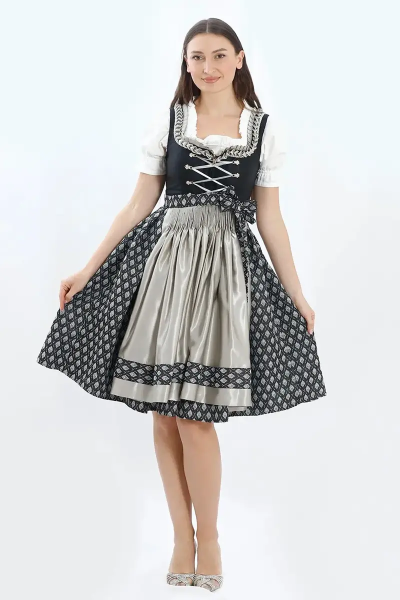 Dirndl Midi Damen | Elegantes Trachtenkleid mit Schürze, Zierdetails und figurbetonter Passform für Oktoberfest