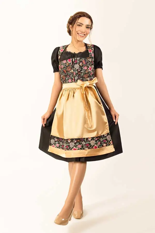 Dirndl Midi Damen Gold Floral | Trachtenkleid mit Blumenmuster, strukturiertem Mieder und Schürze für Oktoberfest